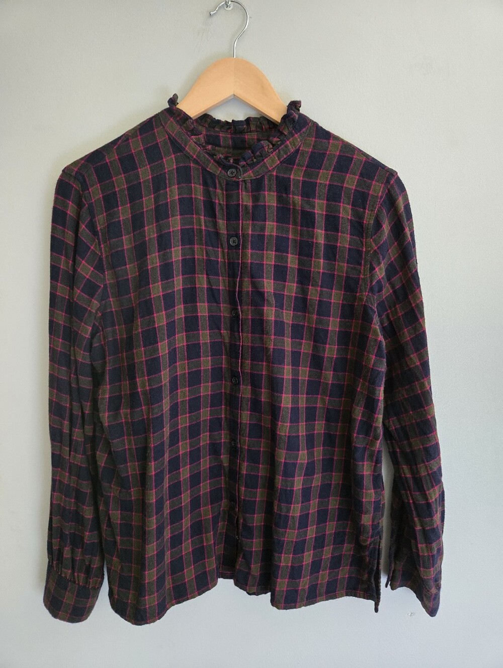 Rails Plaid Ruffle Collar Button Down Shirt M Navy Olive Pink Dark Academia Soft